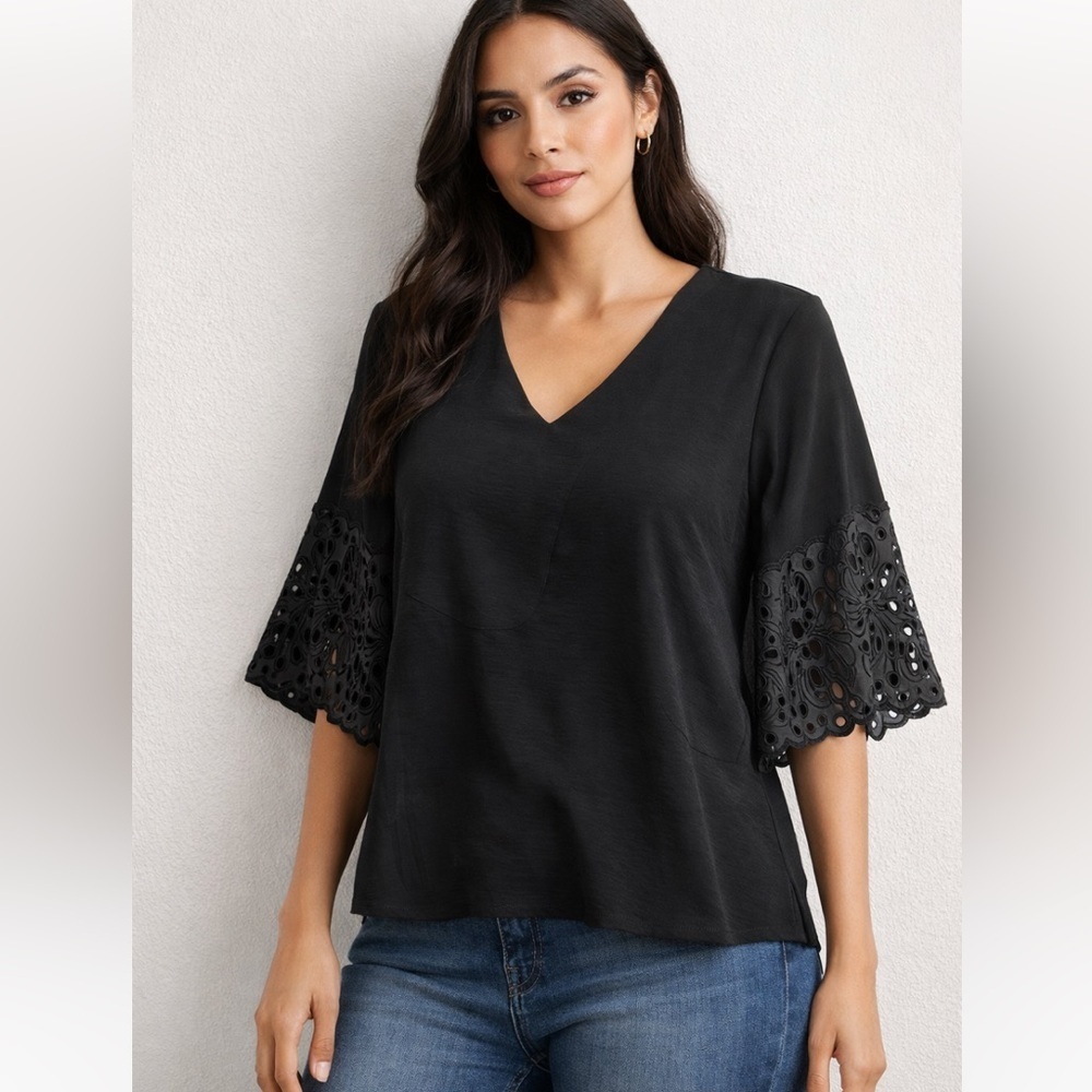 New Joseph ribkoff lace embroidered eyelet sleeve black blouse top $218 spring